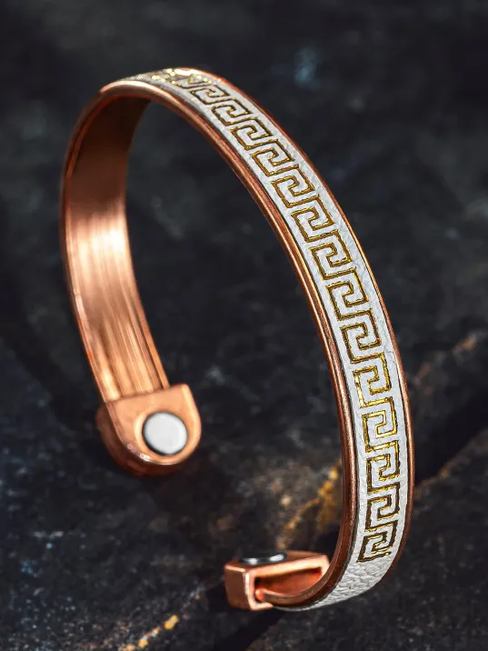 Erkek Kadın Bakır Bileklik - Üstü Hakiki Deri Grek İşlemeli Mıknatıslı Model Metal Kutu Doğal Taş