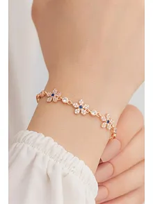Kadın Gümüş Bileklik -  Zirkon Taşlı Rose 5 Yapraklı Yonca Gümüş Bileklik