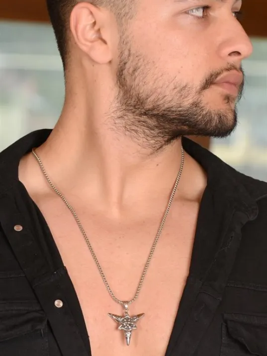 Üçgen Yıldız Sembol Erkek Çelik Zincir Kolye CKLUCGNYLDZ-GMS