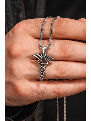 925 Ayar Gümüş Tıp Sembolü Kadüse Kolye Sağlık ve Şifa Temalı Erkek Kolye