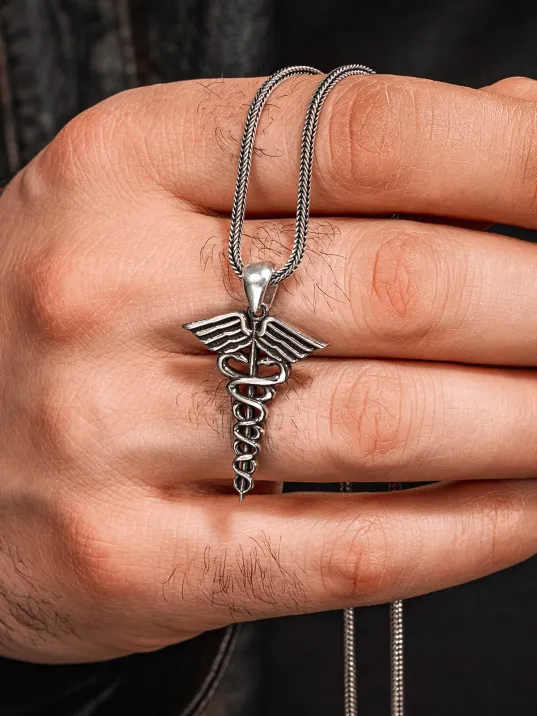 925 Ayar Gümüş Tıp Sembolü Kadüse Kolye Sağlık ve Şifa Temalı Erkek Kolye 925 Ayar Gümüş Tıp Sembolü Kadüse Kolye Sağlık ve Şifa Temalı Erkek Kolye