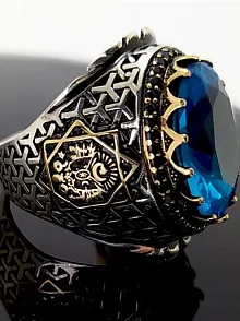 Osmanlı Armalı Aqua Marine Taşlı Gümüş Erkek Yüzük
