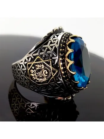 Osmanlı Armalı Aqua Marine Taşlı Gümüş Erkek Yüzük