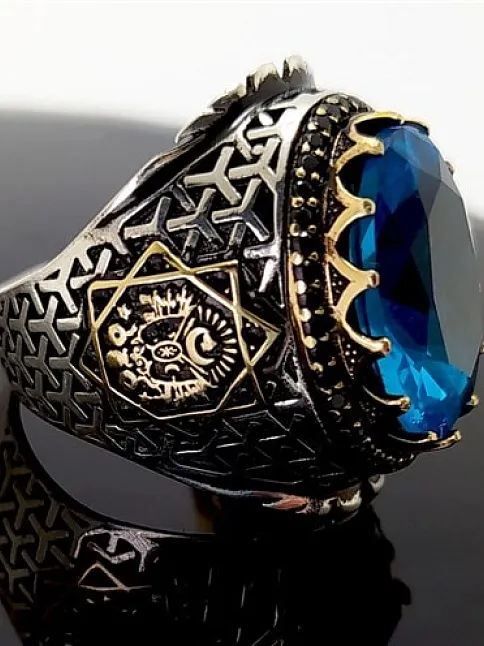 Osmanlı Armalı Aqua Marine Taşlı Gümüş Erkek Yüzük