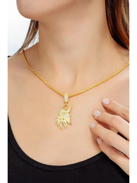 Kadın 925 Ayar Gümüş 18 Ayar Altın Kaplama Zümrüdü Anka Simurg Figürlü Kolye – Taşlı Zarif Tasarım