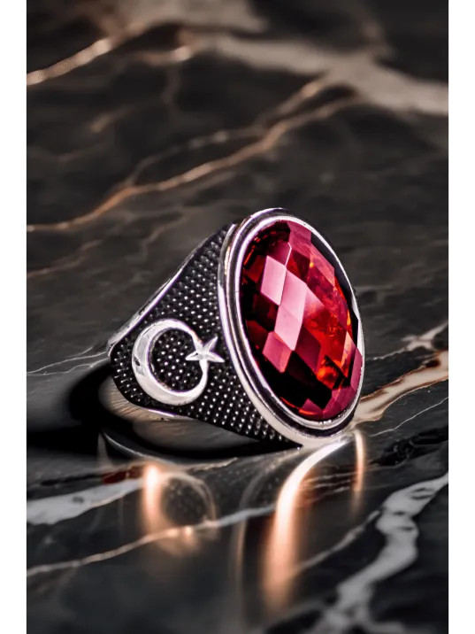 Erkek Kırmızı Zirkon Taşlı Yanı Ay Yıldız Motifli 925 Ayar Gümüş Yüzük