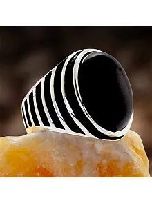 Oval Kesim Siyah Oniks Taşlı Erkek Gümüş Yüzük