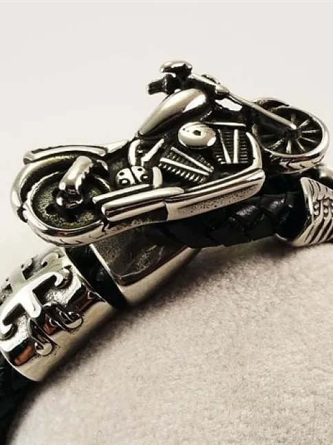 OttoMan Motosiklet Figürlü Deri Çelik Erkek Bileklik Motorcu Bilekliği