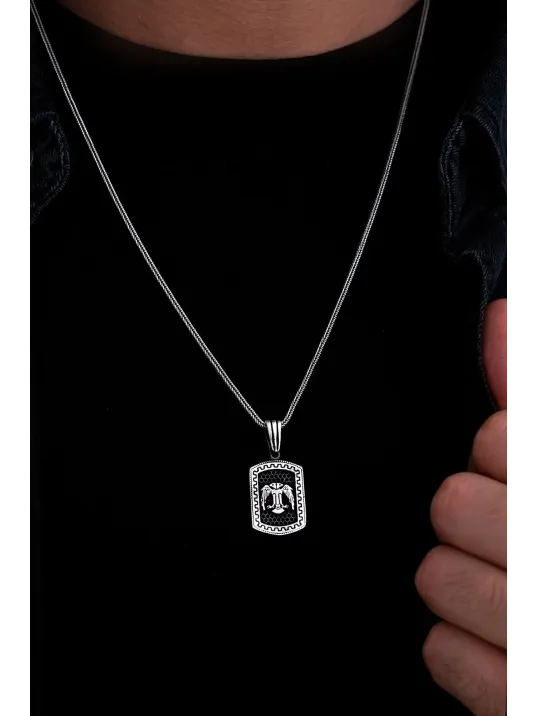 Erkek Gümüş Kolye - Grek Desenli Çift Başlı Kartal Model Gümüş Erkek Kolye