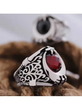 Kırmızı Yakut Taşlı Ay Yıldız Özel Seri Erkek Gümüş Yüzük