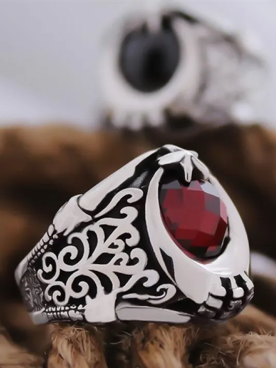 Kırmızı Yakut Taşlı Ay Yıldız Özel Seri Erkek Gümüş Yüzük