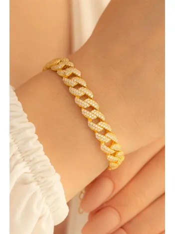 Kadın Gümüş Bileklik - 14 Ayar Gerçek Altın Kaplama (KARARMAZ) Taşlı Gurmet Model Gümüş Bileklik