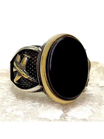 Uçak Motifli Siyah Oniks Taşlı Gümüş Erkek Yüzük