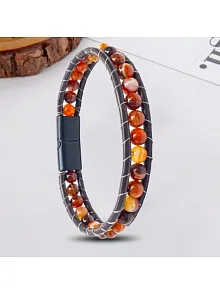 Erkek Doğaltaş Bileklik - 6Mm Damarlı Doğal Kırmızı Akik Taşlı Deri Örgü Kordon Bileklik