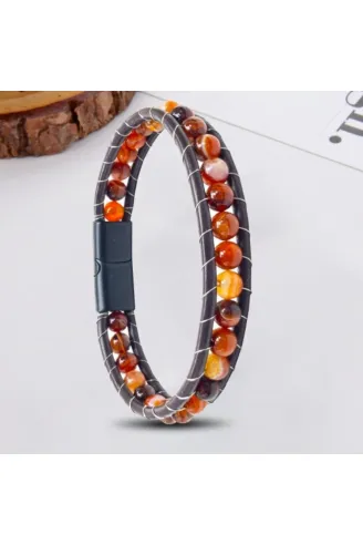 Erkek Doğaltaş Bileklik - 6Mm Damarlı Doğal Kırmızı Akik Taşlı Deri Örgü Kordon Bileklik