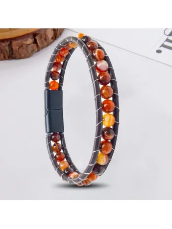 Erkek Doğaltaş Bileklik - 6Mm Damarlı Doğal Kırmızı Akik Taşlı Deri Örgü Kordon Bileklik