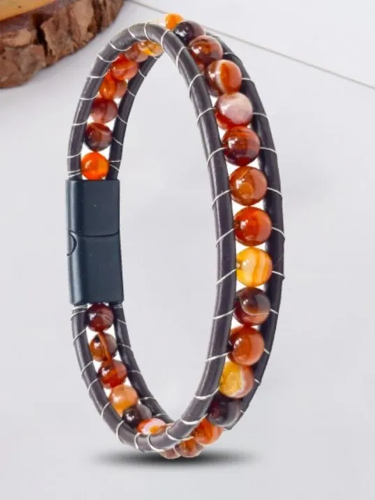 Erkek Doğaltaş Bileklik - 6Mm Damarlı Doğal Kırmızı Akik Taşlı Deri Örgü Kordon Bileklik Erkek Doğaltaş Bileklik - 6Mm Damarlı Doğal Kırmızı Akik Taşlı Deri Örgü Kordon Bileklik