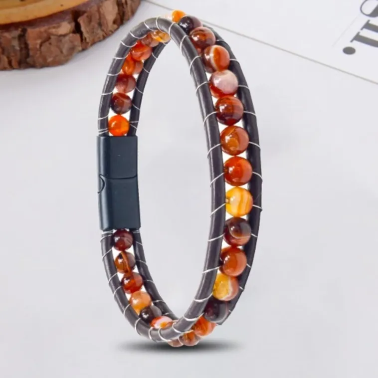 Erkek Doğaltaş Bileklik - 6Mm Damarlı Doğal Kırmızı Akik Taşlı Deri Örgü Kordon Bileklik Erkek Doğaltaş Bileklik - 6Mm Damarlı Doğal Kırmızı Akik Taşlı Deri Örgü Kordon Bileklik