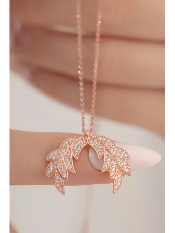 Zirkon Taşlı Rose Kanat Model Kadın Gümüş Kolye GKLKNTM1DEL-ROS