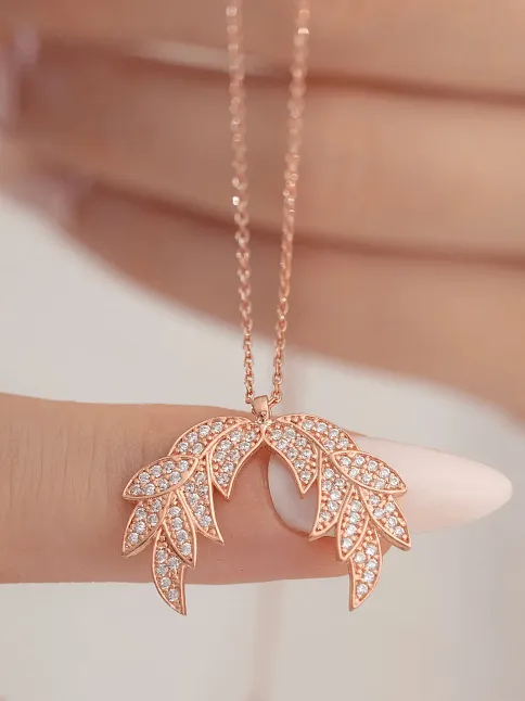 Zirkon Taşlı Rose Kanat Model Kadın Gümüş Kolye GKLKNTM1DEL-ROS