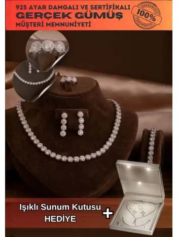 Kadın Gümüş Takı Seti - Serap Yuvarlak Model Zirkon Taşlı Kolye, Bileklik, Yüzük, Küpe Tam Set