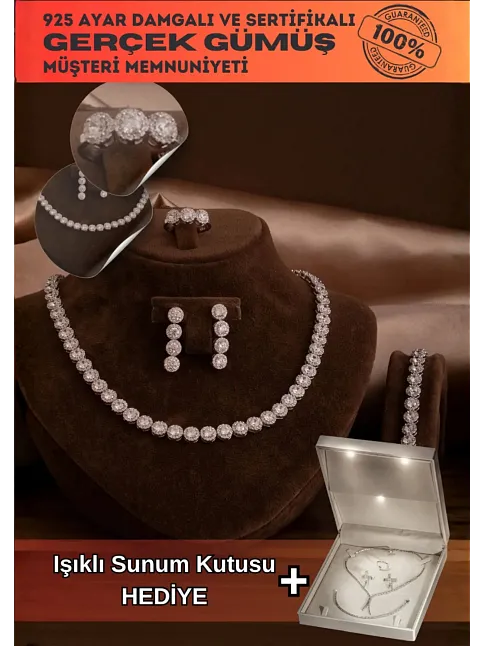 Kadın Gümüş Takı Seti - Serap Yuvarlak Model Zirkon Taşlı Kolye, Bileklik, Yüzük, Küpe Tam Set