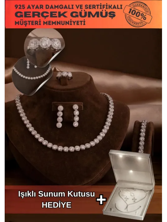 Kadın Gümüş Takı Seti - Serap Yuvarlak Model Zirkon Taşlı Kolye, Bileklik, Yüzük, Küpe Tam Set Kadın Gümüş Takı Seti - Serap Yuvarlak Model Zirkon Taşlı Kolye, Bileklik, Yüzük, Küpe Tam Set