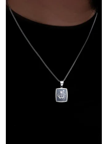 Kalem İşçilikli Allah Yazılı Erkek Gümüş Kolye Zincir