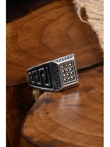 Markazit Küçük Kare Model Taşlı Erkek Gümüş Yüzük