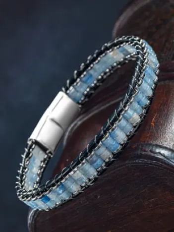 Erkek Kadın Mavi Hematit Taşı Deri Kordon Doğal Taş Bileklik