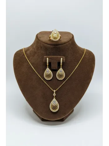 Kadın Gümüş Kolye Yüzük Küpe Set - Damla Model 22 Ayar Altın Kaplama Zirkon Taşlı Gümüş Set