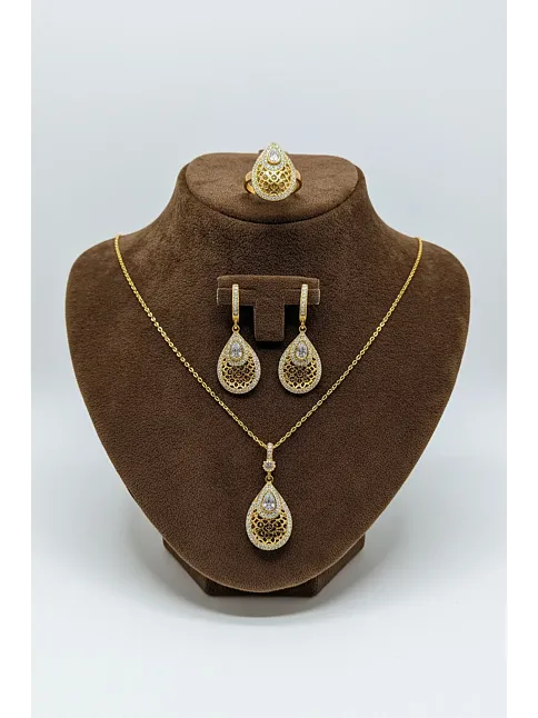 Kadın Gümüş Kolye Yüzük Küpe Set - Damla Model 22 Ayar Altın Kaplama Zirkon Taşlı Gümüş Set Kadın Gümüş Kolye Yüzük Küpe Set - Damla Model 22 Ayar Altın Kaplama Zirkon Taşlı Gümüş Set