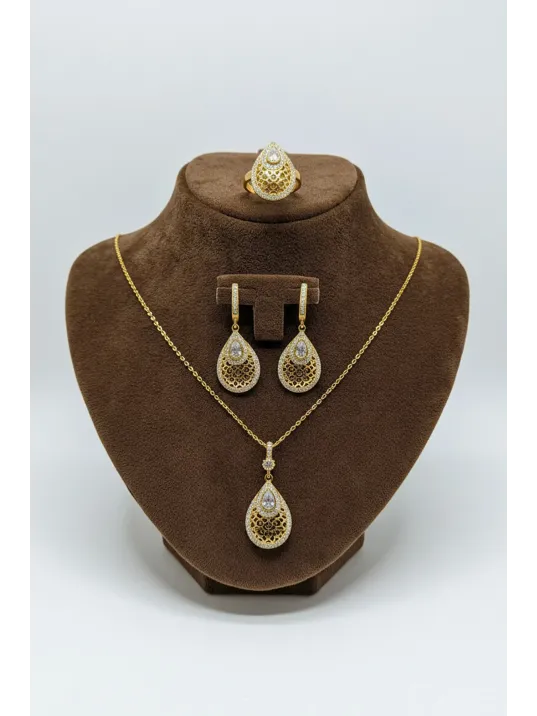 Kadın Gümüş Kolye Yüzük Küpe Set - Damla Model 22 Ayar Altın Kaplama Zirkon Taşlı Gümüş Set