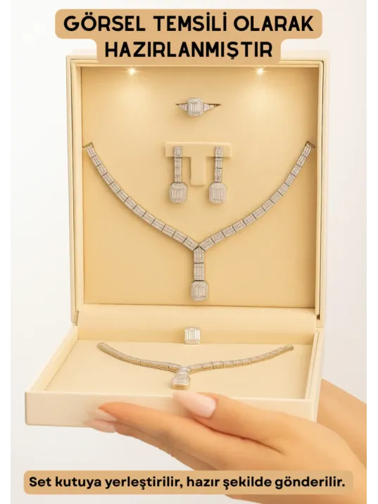 Kadın Gümüş Takı Seti - Perihan Baget Taşlı Zirkon Süslemeli Kolye, Bileklik, Yüzük, Küpe Tam Set
