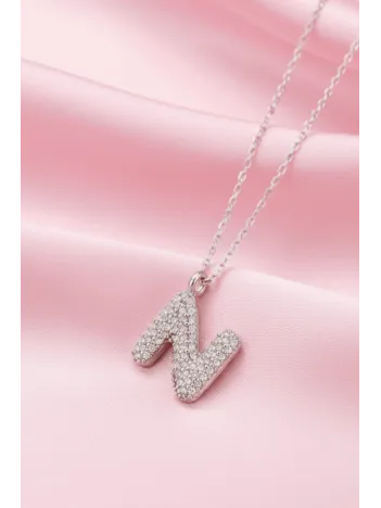 Kadın Gümüş Kolye - 925 Ayar Zirkon Taşlı Balon N Harfi Bayan Kolye