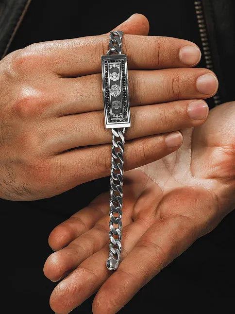 Erkek Gümüş Bileklik - Çift Selçuklu Kartalı İşlemeli Gurmet Model 925 Ayar Erkek Bileklik