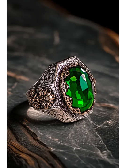 Erkek Kristal Kesim Zümrüt Taşlı Yanı Desenli 925 Ayar Gümüş Yüzük