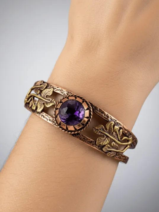 Mor Ametist Taşlı Antik Bakır Kadın Bileklik – Metal Kutu Ve Doğal Taşlar