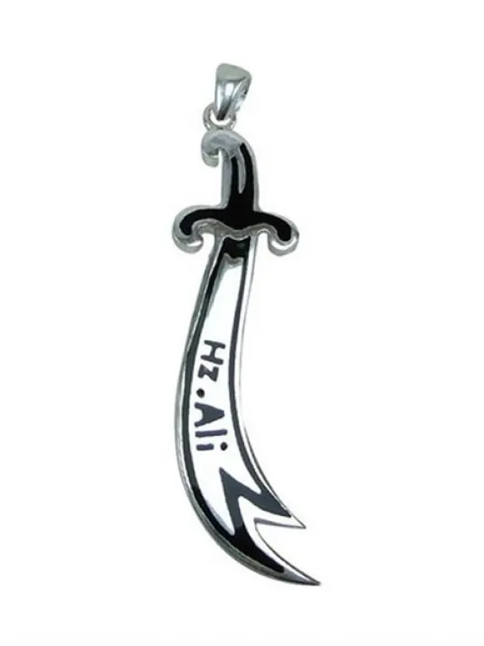 Hz.Ali Yazılı Erkek Zülfikar Gümüş Kolye Zincir Tilkikuyruğu Zincirli