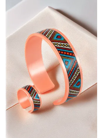 Kadın Bakır Bileklik Yüzük Set - Arina Model Özel Baskı Metal Kutu Ve Doğal Taşlar