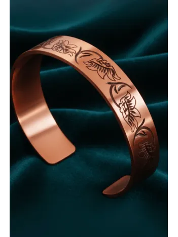 Kadın Bakır Bileklik - Çiçek Model Kadın Bakır Kelepçe Bileklik Bilezik Metal Kutu ve Kuvars Taşı