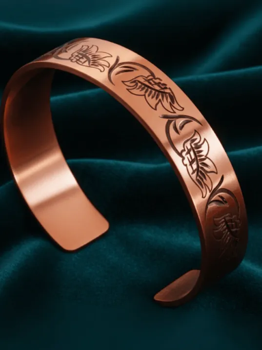 Kadın Bakır Bileklik - Çiçek Model Kadın Bakır Kelepçe Bileklik Bilezik Metal Kutu ve Kuvars Taşı