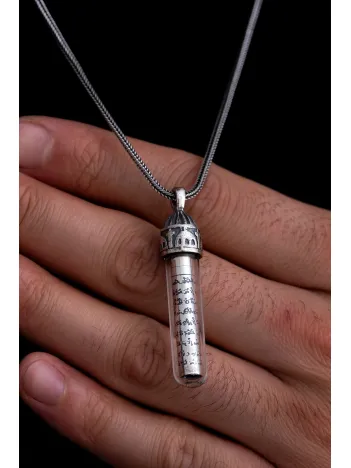 Zemzem Sulu Ayetel Kürsi Yazılı Erkek Gümüş Kolye Zincir