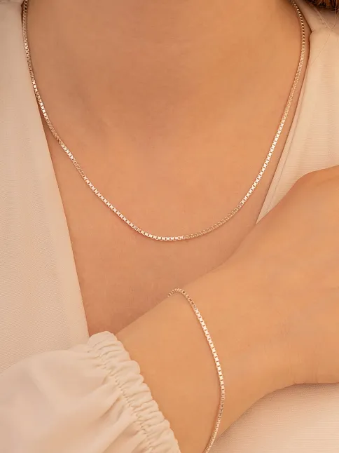 Kadın Gümüş Kolye Bileklik Set - 925 Ayar 1.5mm Küp Zincir Gümüş Set