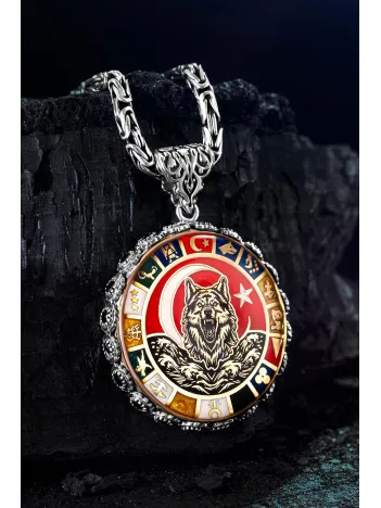 Erkek Gümüş Kolye - 16 Türk Devleti Bayrakları İşlemeli Bozkurt Kral Zincirli Erkek Kolye