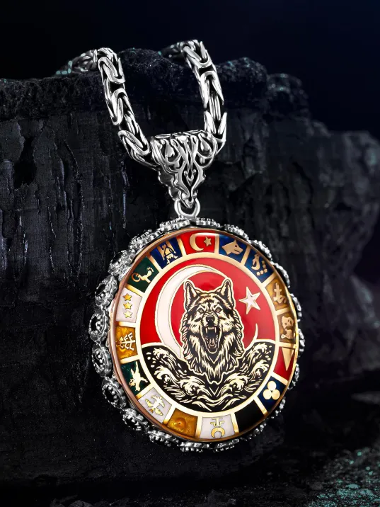 Erkek Gümüş Kolye - 16 Türk Devleti Bayrakları İşlemeli Bozkurt Kral Zincirli Erkek Kolye