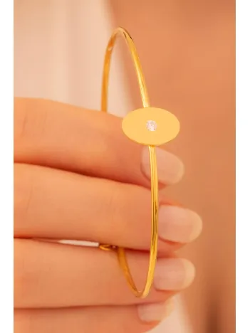 Kadın Gümüş Bileklik - El Yapımı Altın Kaplama Gümüş Zirkon Taşlı Elips Motifli Kadın Bileklik