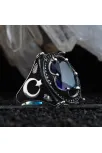 Lacivert Safir Taşlı Ay Yıldız Detaylı Özel Seri Erkek Gümüş Yüzük