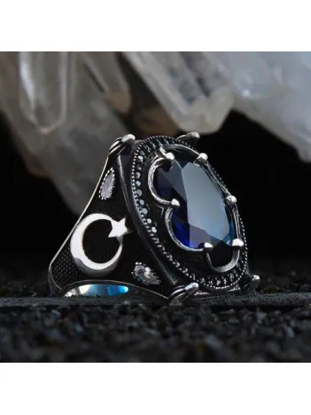 Lacivert Safir Taşlı Ay Yıldız Detaylı Özel Seri Erkek Gümüş Yüzük