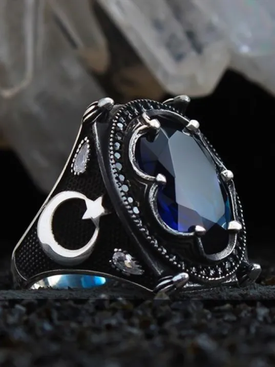 Lacivert Safir Taşlı Ay Yıldız Detaylı Özel Seri Erkek Gümüş Yüzük